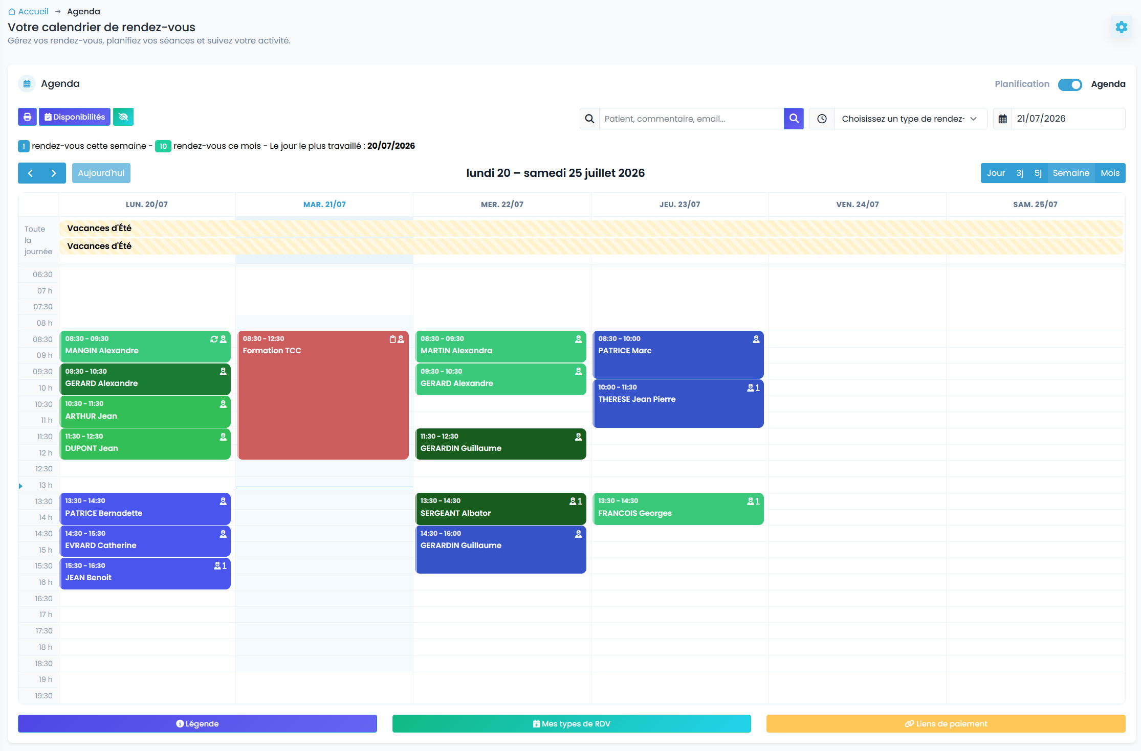 Agenda MaGestionPsy — vue semaine