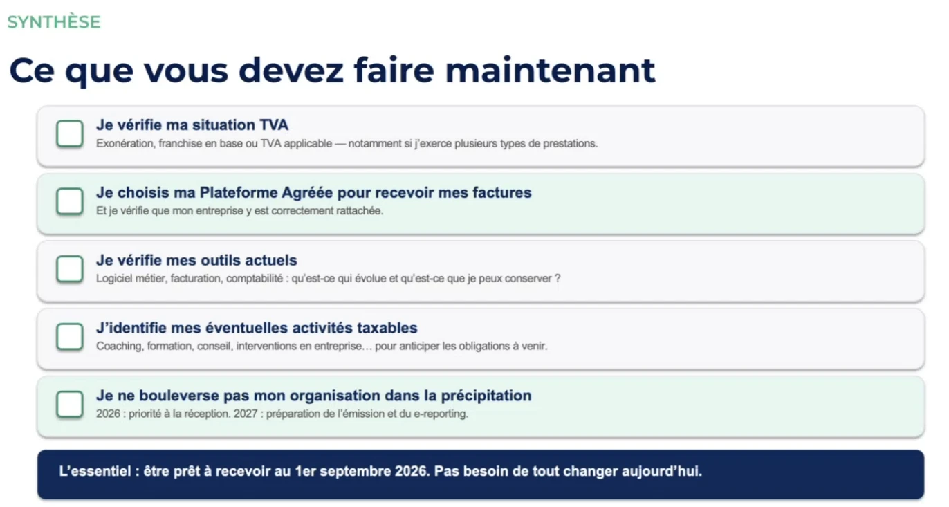Slide de synthèse du webinaire : ce que vous devez faire maintenant — vérifier sa situation TVA, choisir sa plateforme agréée, vérifier ses outils, identifier ses activités taxables, ne pas bouleverser son organisation