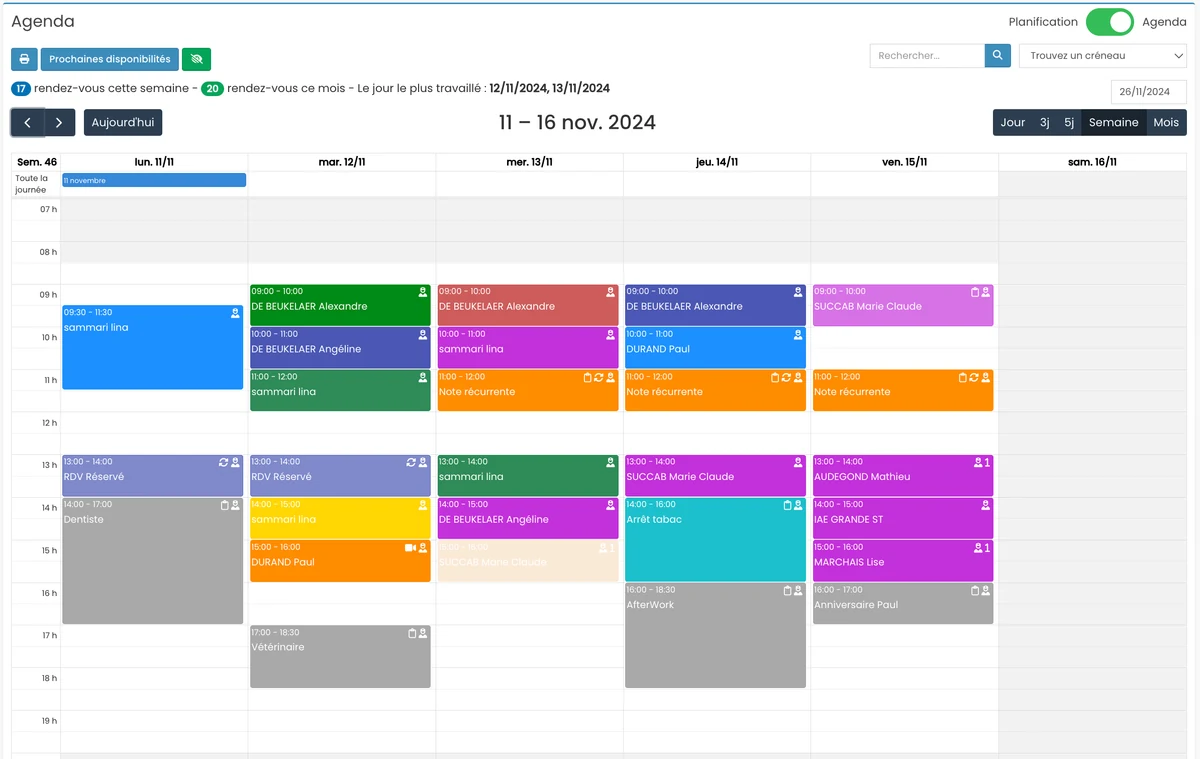Capture d'écran de l'agenda en ligne MaGestionPsy