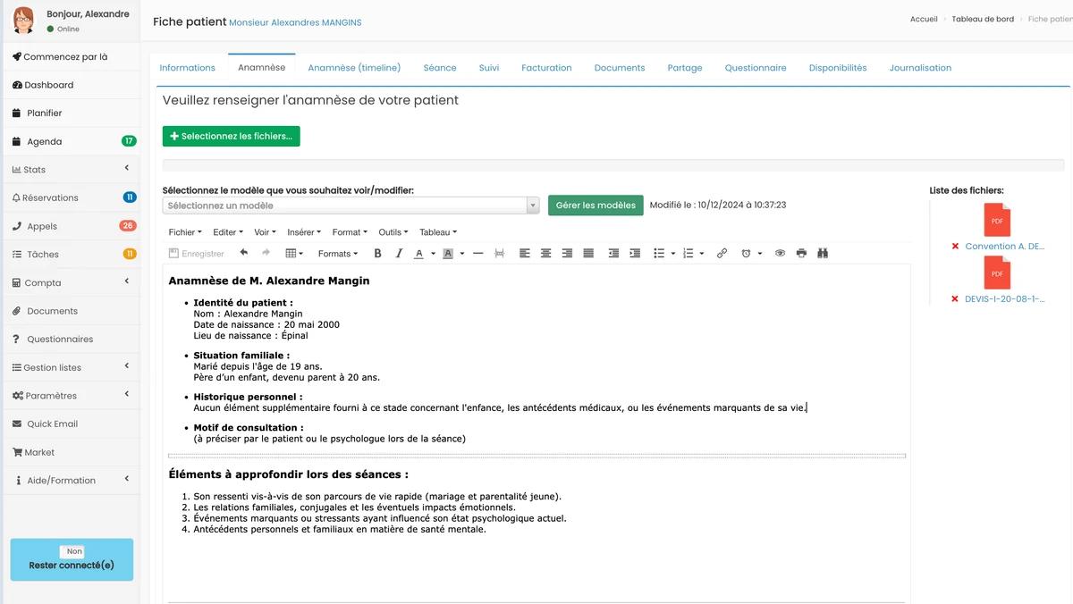 Anamnèse complètement personnalisable, avec des zones de textes