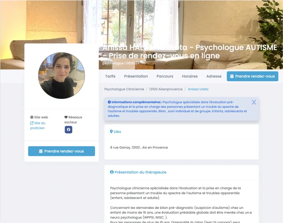 Page de prise de rendez-vous — Psychologue spécialisée en autisme