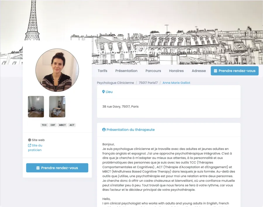 Page de prise de rendez-vous — Thérapeute à Paris