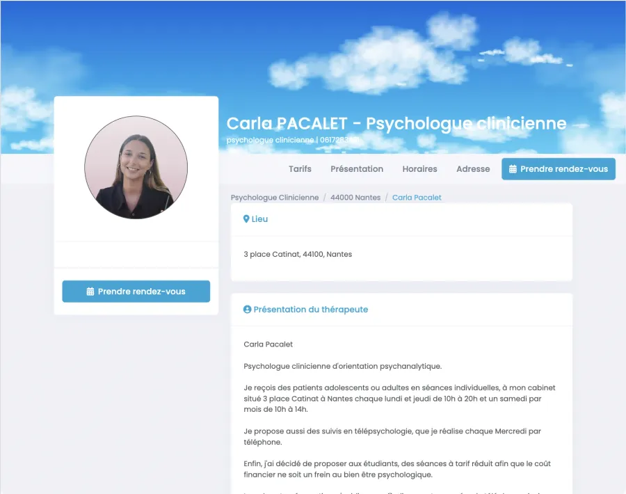 Page de prise de rendez-vous — Psychologue clinicienne