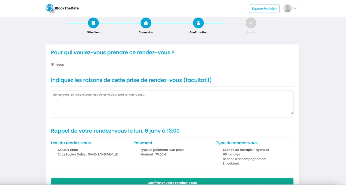Confirmation de la prise de rendez-vous en ligne MaGestionPsy
