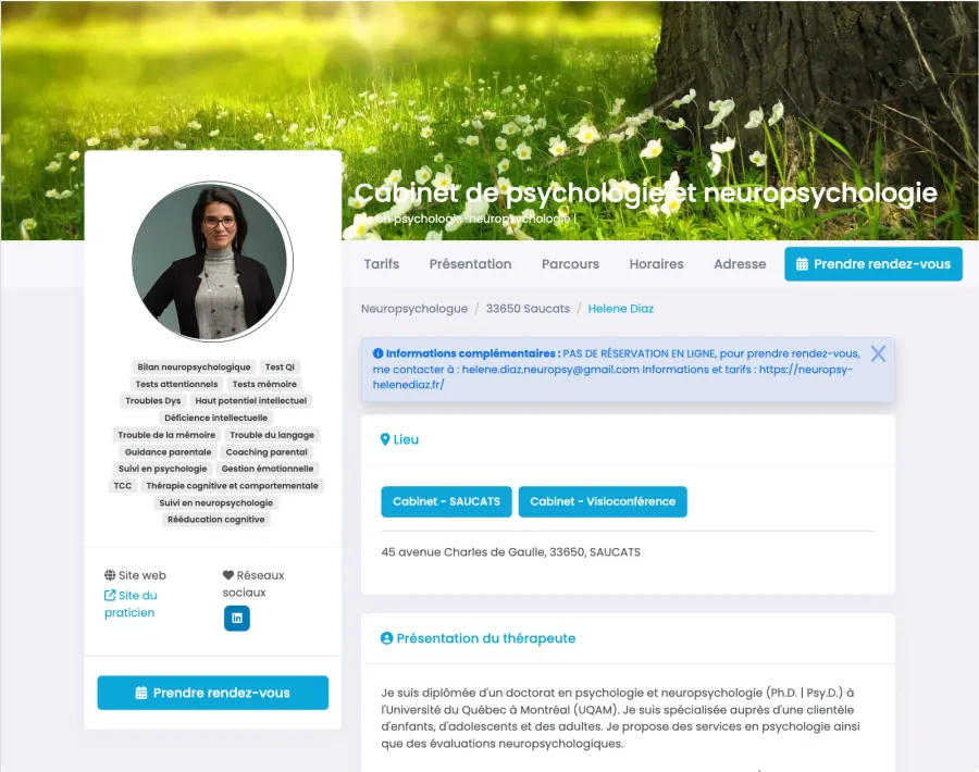 Page de prise de rendez-vous — Psychologie et neuropsychologie