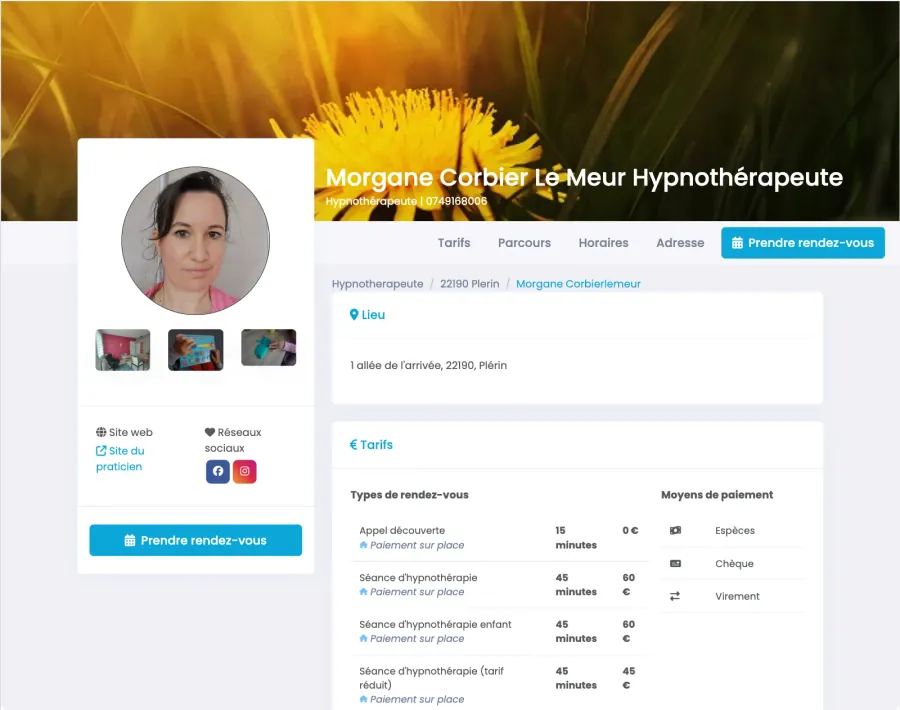Page de prise de rendez-vous — Hypnothérapeute