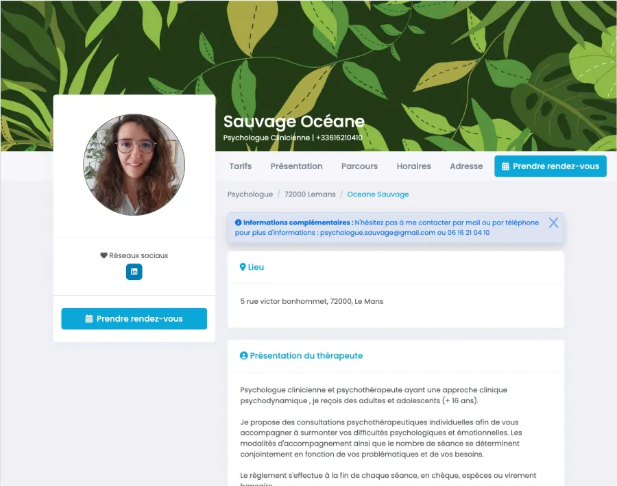 Page de prise de rendez-vous — Psychologue clinicienne