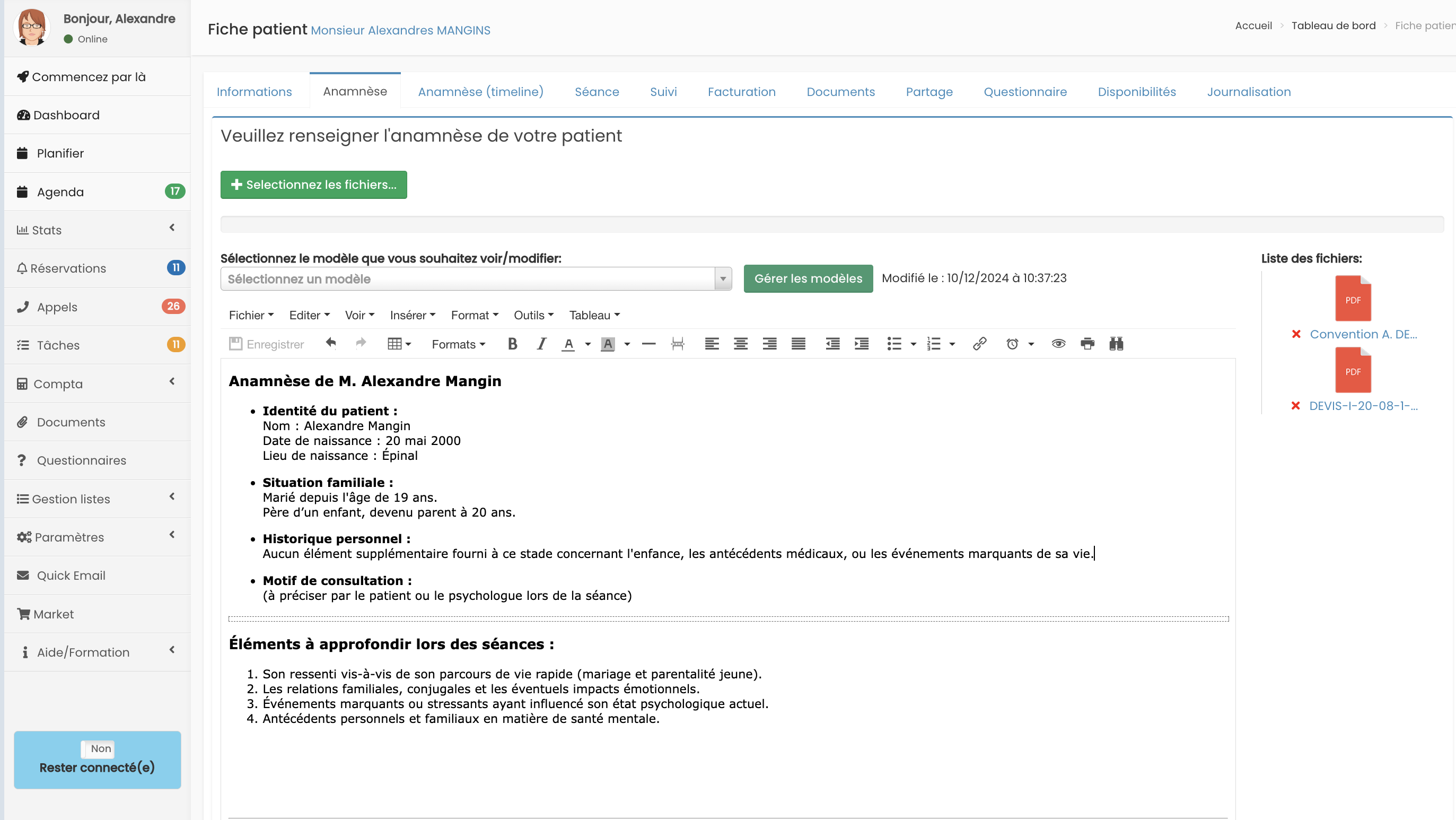 Anamnèse complètement personnalisable, avec des zones de textes