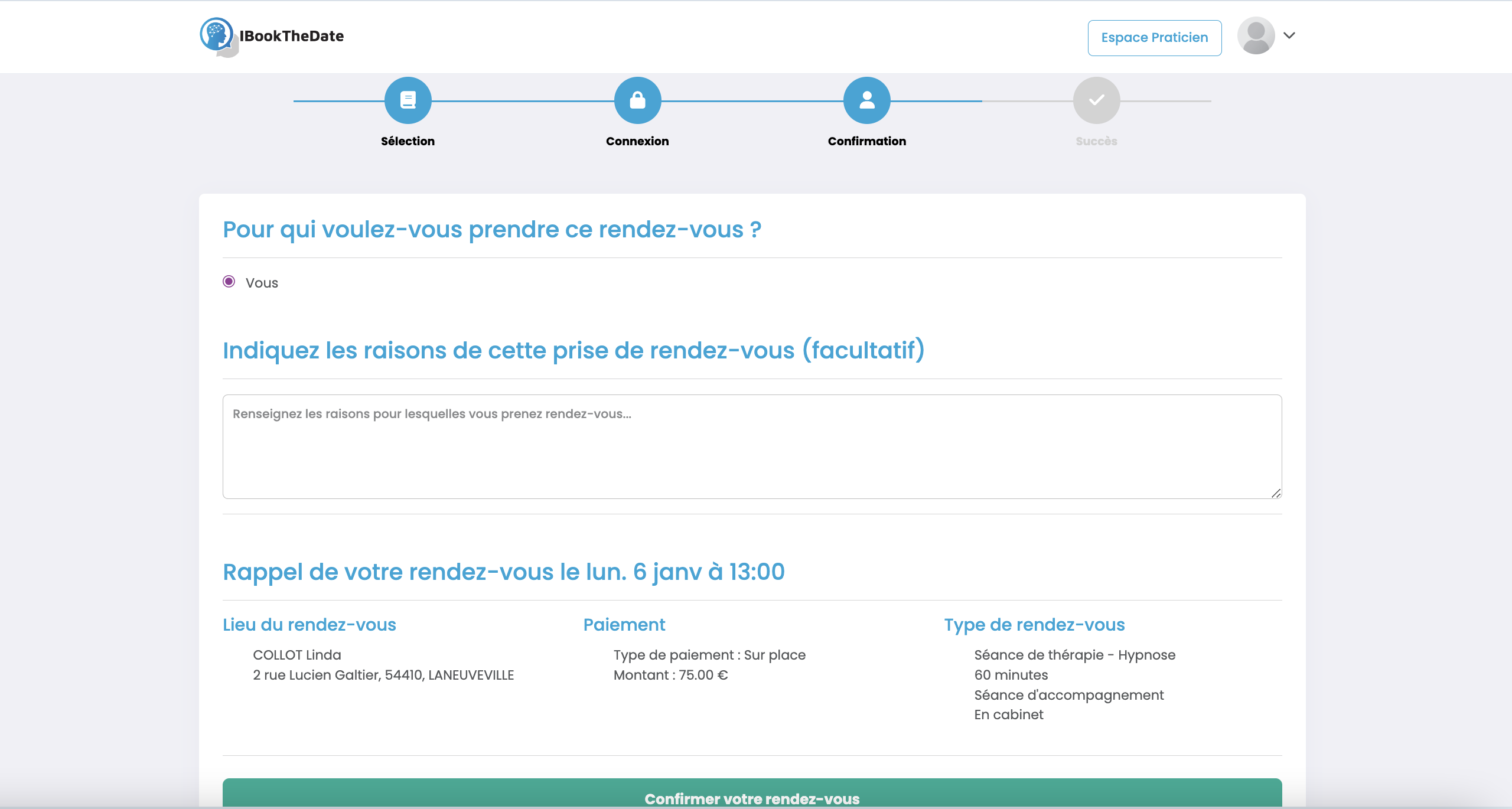 Photo du logiciel MaGestionPsy qui montre la confirmation de la prise de rendez-vous en ligne