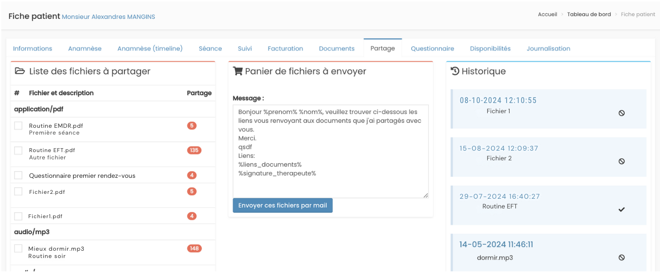 dans le suivi patient, un onglet partage de document lui est dédié