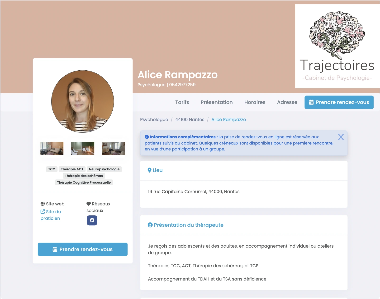 Profil MaGestionPsy d’Alice Rampazzo, psychologue exerçant au sein du cabinet Trajectoires, avec détails sur ses spécialités et coordonnées.