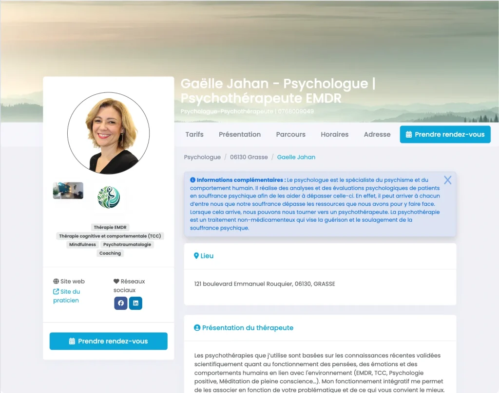 Profil professionnel MaGestionPsy de Gaëlle Jahan, psychologue et psychothérapeute EMDR, avec présentation, coordonnées et bouton de prise de rendez-vous.