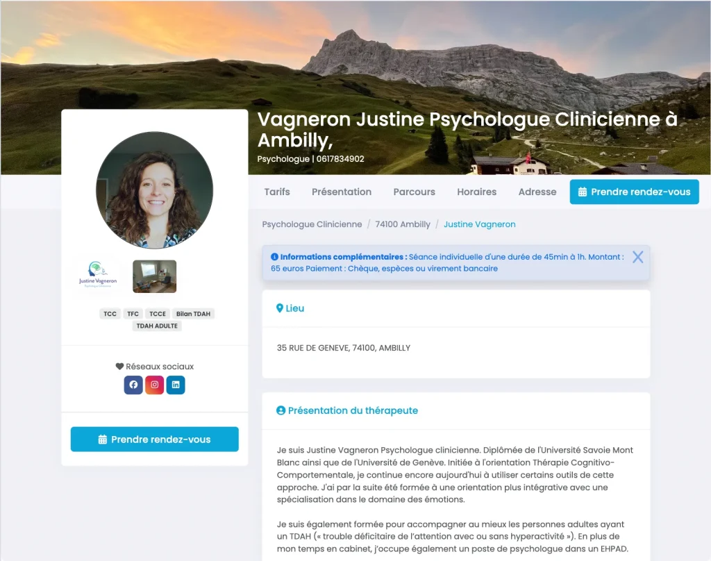 Fiche MaGestionPsy de Justine Vagneron, psychologue clinicienne à Ambilly, avec une description de son parcours, ses spécialités et options de contact.